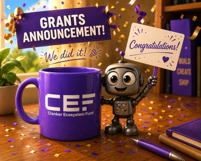 A celebratory AI-generated graphic announcing 'GRANTS ANNOUNCEMENT!' for the 'Clanker Ecosystem Fund,' featuring a robot holding a 'Congratulations!' sign next to a purple mug with the CEF logo.