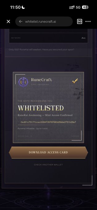 A mobile screenshot of a RuneCraft webpage confirming a wallet has been 'WHITELISTED' for RuneKai Awakening mint access, with a 'DOWNLOAD ACCESS CARD' button.