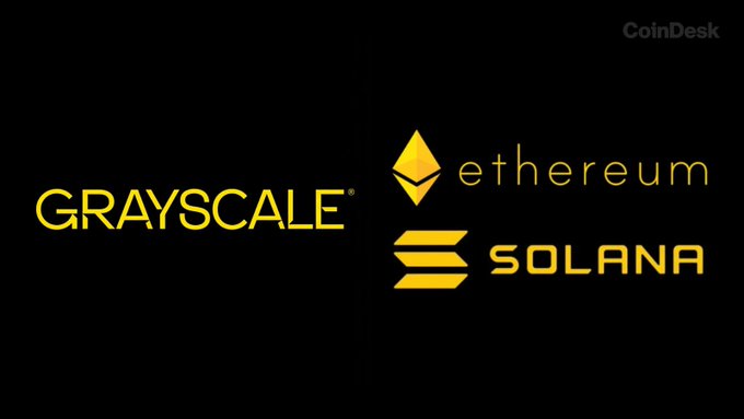 The image displays the Grayscale logo alongside the Ethereum (ETH) and Solana (SOL) logos on a black background, with a CoinDesk watermark in the top right corner, visually representing the asset managers and cryptocurrencies mentioned in the article about Grayscale's proposal for quarterly cash distributions of staking rewards for its ETH and SOL ETFs.