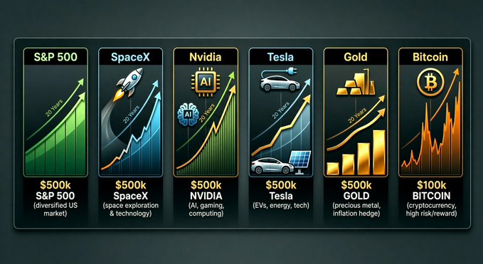 An investment comparison graphic showing projected 20-year returns for S&P 500, SpaceX, NVIDIA, Tesla, and Gold at $500k, and Bitcoin at $100k, with icons like rockets, AI chips, and a Bitcoin logo.
