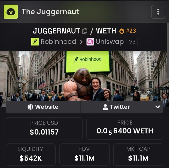 The image displays a cryptocurrency tracker page for "The Juggernaut" (JUGGERNAULT/WETH) token ranked #23, showing a current price of $0.01157 USD with $542K liquidity and $11.1M market cap, paired with an illustration of a Juggernaut character standing next to Robinhood CEO Vlad Tenev in front of a Robinhood billboard on a city street. The visual ties directly to the post's claim that Vlad Tenev personally supports the meme, with the artwork literally depicting him alongside the token's mascot.