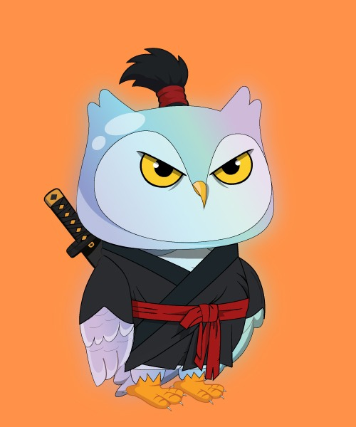 A determined cartoon owl with a samurai-style topknot and black ninja outfit, carrying a katana on its back, stands against a bright orange background as the first of 3,333 characters in the Owl NFT collection. The post teases the launch of the flock and invites viewers to join the whitelist at robinowls.com/whitelist.