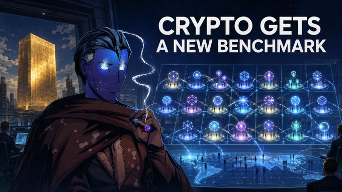 An anime-style graphic featuring a glowing-eyed character in a cloak alongside text reading 'CRYPTO GETS A NEW BENCHMARK' with a digital network display.
