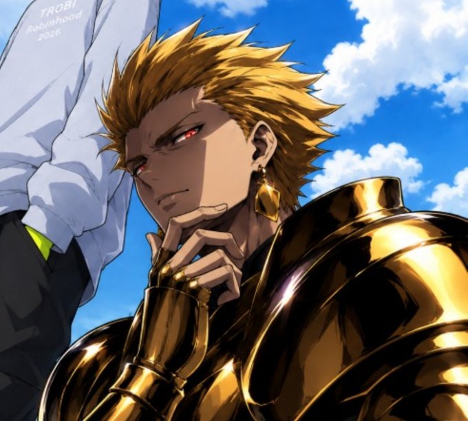 An anime-style illustration by artist TROBI (Robinhood 2026) features a blonde-haired male character with red eyes and a smirk, wearing ornate golden armor and a diamond-shaped earring, set against a blue sky with clouds.