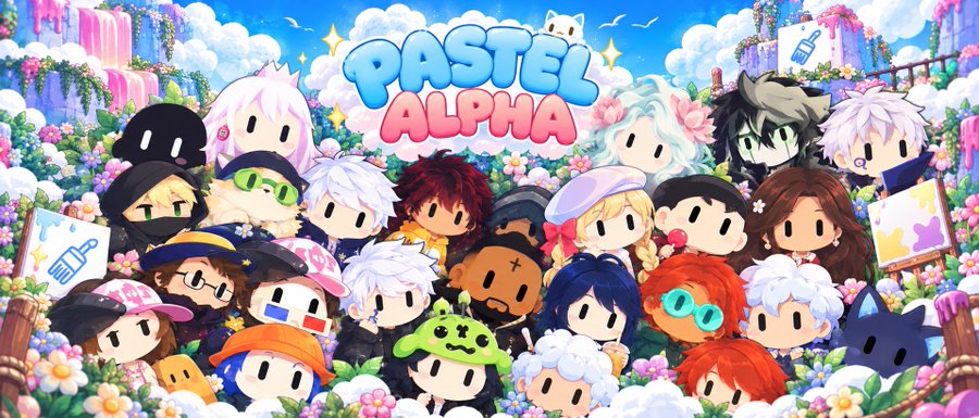 An animated promotional graphic titled 'PASTEL ALPHA' features a large group of diverse cartoon characters with simplified faces gathered in a colorful garden setting.