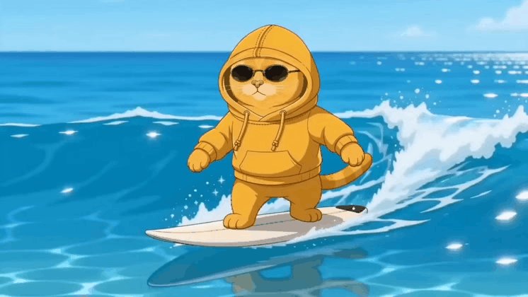 The image features a cartoon cat wearing a yellow hoodie and sunglasses riding a surfboard on top of a wave. The caption below the image reads "Gn everyone @Yellowcatz_ is coming on opensea soon". This suggests that the image might be related to an upcoming event or gathering where the cat will be surfing, possibly as part of a promotional campaign for a surfing-themed event or merchandise release.