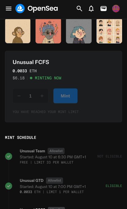 Screenshot of the OpenSea minting page for the "Unusual FCFS" collection by UnusualNFTs, showing prices of 0.0033 ETH ($6.18) and a mint schedule that includes an "Unusual Team" free phase (limit 3 per wallet) and an "Unusual GTD" allowlist phase (0.0033 ETH, limit 1 per wallet), with the user marked as eligible for the latter. The image supports the post by confirming the user successfully participated in the UnusualNFTs mint opportunity.