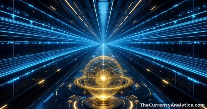 Futuristic blue digital art piece showing a glowing golden wireframe globe at the center of a tunnel with data streams, credited to TheCurrencyAnalytics.com.