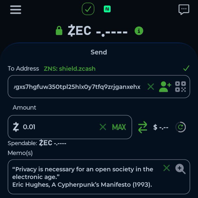 A Zcash (ZEC) wallet interface for sending 0.01 ZEC to a shielded ZNS address, featuring a memo quoting Eric Hughes' Cypherpunk's Manifesto: 'Privacy is necessary for an open society in the electronic age.'