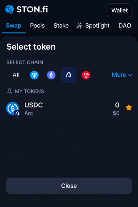 A STON.fi cryptocurrency wallet interface displays a 'Select token' screen with the 'Swap' tab active, showing chain options including Ethereum, TON, Arbitrum, and Tron, with USDC on Arc listed under 'My Tokens.'