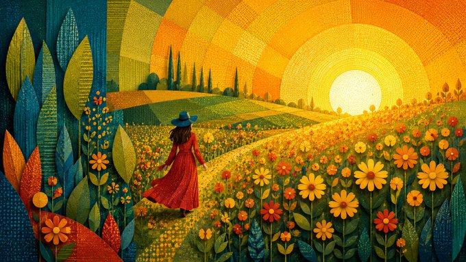 A colorful illustration in the style of Yayoi Kusama depicting a woman in a red dress and blue hat walking through a vibrant field of flowers under a sunburst sky.