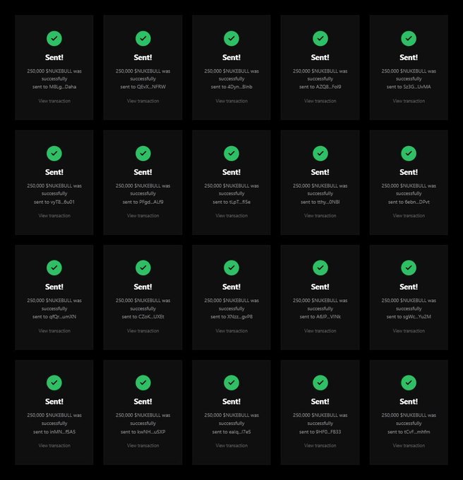 A grid of twenty transaction confirmation screens displays green checkmarks and the text '250,000 $NUKEBULL was successfully sent' to various wallet addresses.