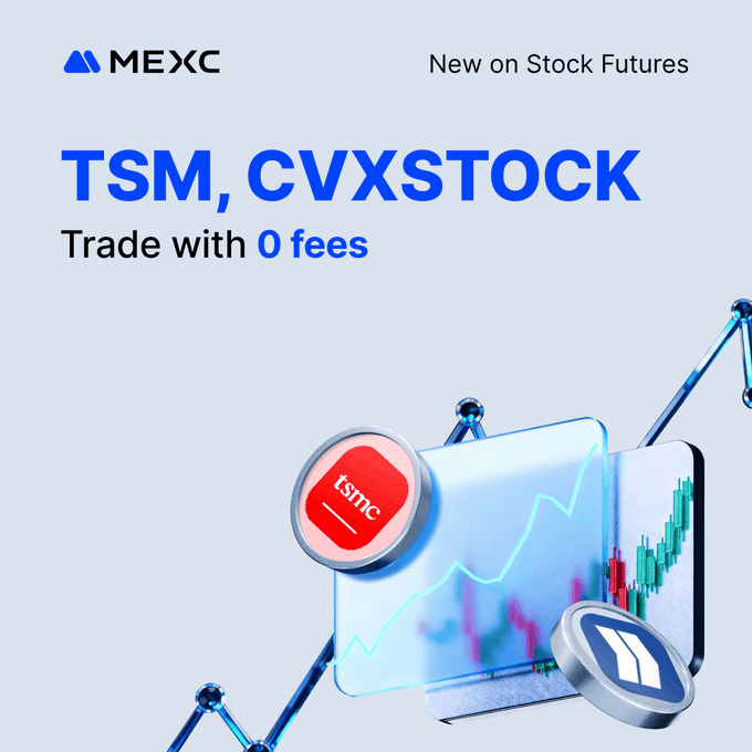 A MEXC advertisement announcing "New on Stock Futures: TSM, CVXSTOCK" with "Trade with 0 fees", showing tsmc and Chevron coin logos over a rising chart.
