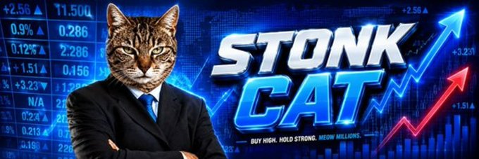The banner shows a cat-headed figure in a business suit against a blue stock chart background with the bold text "STONK CAT" and the tagline "BUY HIGH. HOLD STRONG. MEOW MILLIONS." It serves as the official banner image for the Solana token $STONKCAT featured on Moby.