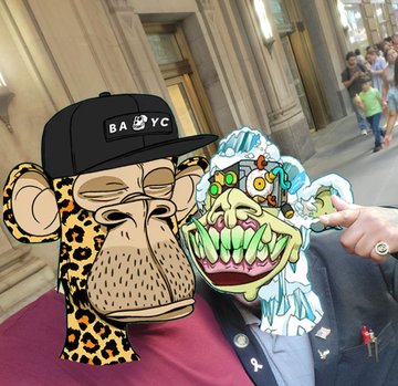 Two Bored Ape Yacht Club NFT characters edited into a real-world photo, with one ape pointing at the other wearing a colorful hat and gold teeth.