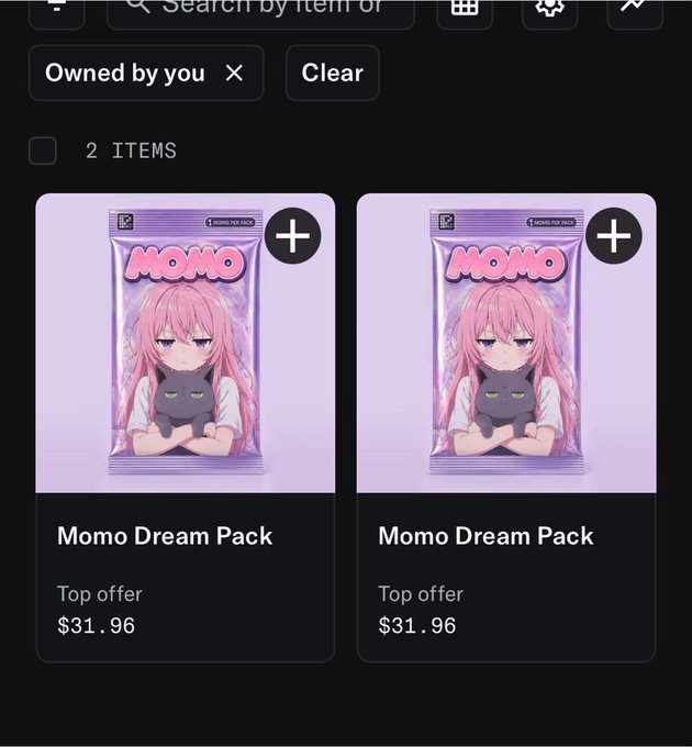 The image shows a digital marketplace listing displaying two "Momo Dream Pack" items priced at $31.96 each, labeled as "Top offer" and owned by the user. The caption "Momo for Packs" suggests the user has successfully minted two Momo Dream Packs through a first-come-first-serve (FCFS) sale on the Tesson chain, which aligns with the celebratory message congratulating the project creators.