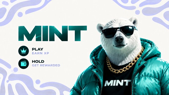 A promotional graphic for 'MINT' featuring a polar bear mascot wearing sunglasses and a gold chain, with options to 'PLAY / EARN XP' and 'HOLD / GET REWARDED'.