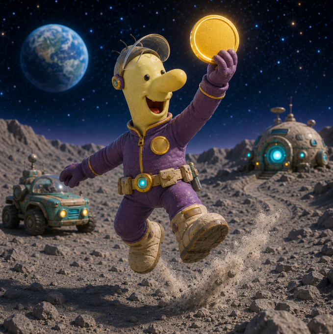 A 3D rendered cartoon character in a purple space suit running on a lunar surface while holding up a glowing gold coin, with Earth visible in the starry sky and a futuristic space base in the background.