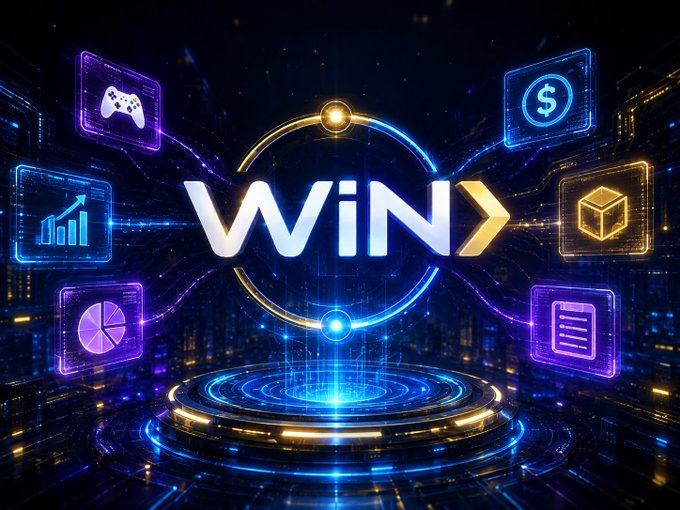 A glowing neon "WIN>" logo sits at the center of a futuristic tech-themed display, surrounded by floating icons representing gaming controllers, dollar signs, charts, 3D boxes, pie graphs, and documents—all symbolizing Web3 sectors like DeFi, gaming, payments, and tokenized assets. The image visually reinforces the post's message about WINkLink's role as critical, behind-the-scenes infrastructure connecting real-world data to the evolving Web3 ecosystem.