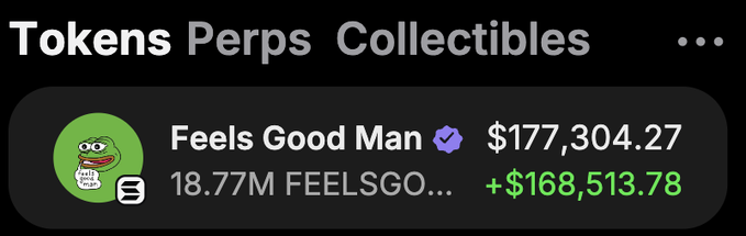 The image shows a cryptocurrency wallet interface displaying "Feels Good Man" with a $177,304.27 balance and a notable gain of +$168,513.78 for the FEELSGO token. This appears to be promotional content supporting a $3,000 giveaway for $FEELSGOOD, where the wallet screenshot showcases substantial profits to entice engagement with the "like, comment, repost and follow" contest.
