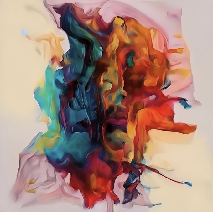 An abstract digital artwork featuring swirling, vibrant colors blending reds, oranges, blues, teals, and pinks in a fluid, chaotic composition.