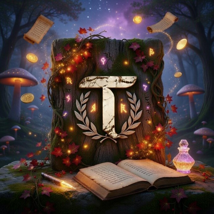 The image features a large wooden book with an open cover that displays the letter "T" surrounded by leaves and flowers. The scene takes place in a forest setting, where mushrooms are scattered throughout the background. A bottle of liquid can be seen on the right side of the image, possibly containing a magical substance or a potion related to the book's theme.