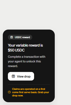 Mobile app notification showing a USDC reward screen stating 'Your variable reward is $50 USDC' with a 'View drop' button, noting claims operate on first-come-first-served basis.