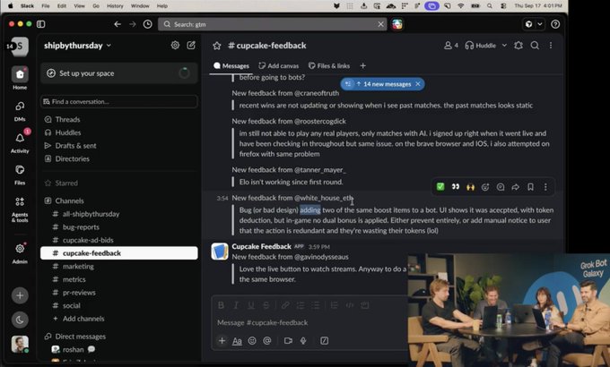 A screenshot of a Slack workspace for 'shipbythursday', showing a '#cupcake-feedback' channel with messages from users like @craneoftruth and @white_house_cto discussing game bugs.