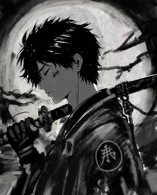 A black and white digital illustration shows a male anime character with messy dark hair, facial bandages, and a scar over his eye, holding a katana sword sheathed on his back.