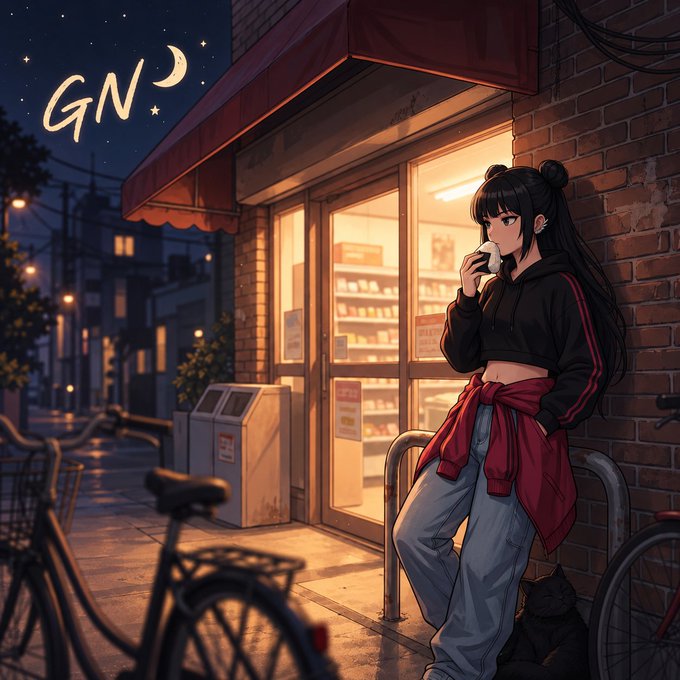 An anime-style illustration of a young woman with dark hair in buns wearing a black hoodie and red jacket tied around her waist, standing outside a warmly lit convenience store at night with a 'GN' sign featuring a moon.