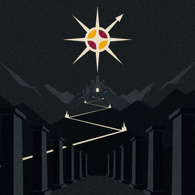 A dark, stylized illustration depicting a winding illuminated path leading to a distant castle under a large star with a cross emblem, viewed from between rows of pillars.