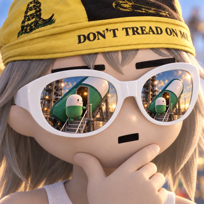 A cute 3D cartoon character wearing a yellow bandana reading "DON'T TREAD ON ME" and white sunglasses reflects a scene of a character with a cannon on industrial scaffolding in the lenses, with the character holding a hand to their mouth in a contemplative pose — visually echoing the "be prepared" post through its vigilant, ready-for-anything demeanor.