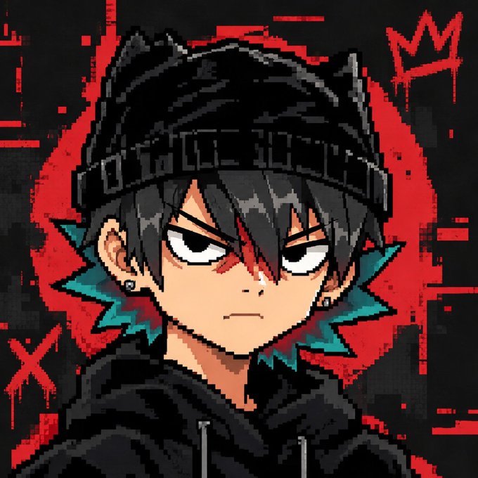 A pixel art-style portrait of a serious character with black hair, a black beanie, and small earrings against a red splattered background with graffiti-style crown markings.