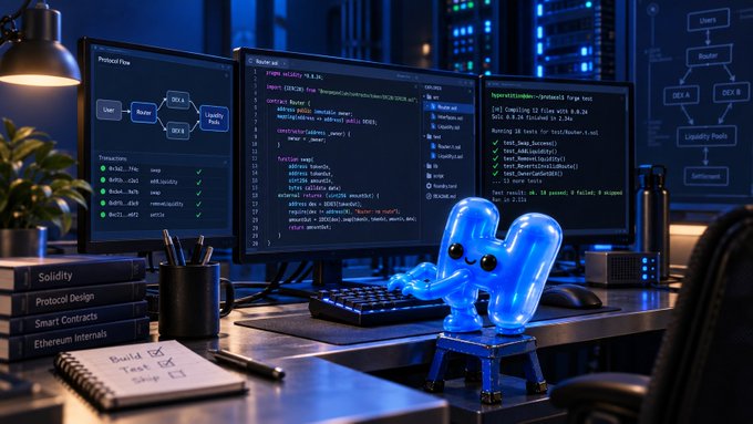 A coding workspace with multiple monitors displaying Solidity code and smart contract development, featuring a blue crystalline mascot figure on the desk.