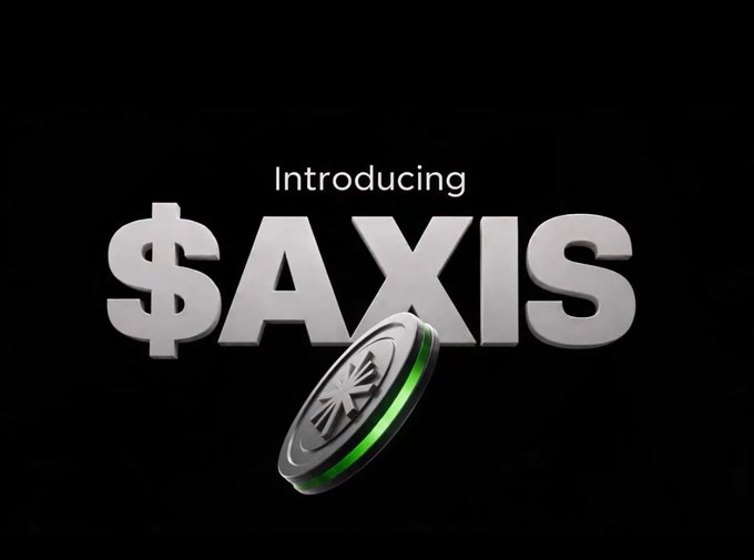 A promotional graphic for '$AXIS' shows the token name in large silver 3D letters above a silver and green coin, with the word 'Introducing' above.