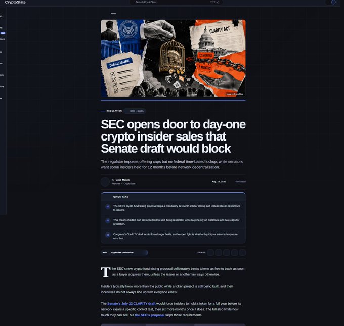 A CryptoSlate news article with the headline 'SEC opens door to day-one crypto insider sales that Senate draft would block,' authored by Gino Matos on Aug 19, 2025, discussing SEC's crypto fundraising proposal and the Senate's July 22 CLARITY draft.