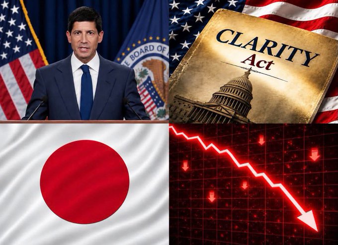 A four-panel composite image featuring a man at a podium with American flags, a book titled 'CLARITY Act' over the US Capitol, the Japanese flag, and a red downward-trending stock market graph.