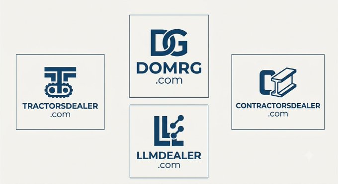The image displays four domain name logos—TractorsDealer.com, DomRG.com, LLMDealer.com, and ContractorsDealer.com—showcasing branded domain assets, which ties into the post's promotion of Ab3t.com as another brandable domain for Web3/crypto use in Egypt/MENA.