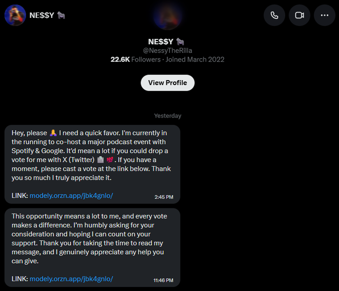 A Twitter DM screenshot from user NESSY (@NessyTheRilla) asking the recipient to vote for her via a Modelry link for a Spotify and Google podcast event.