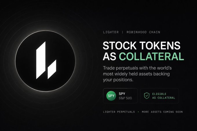 Lighter perpetuals on Robinhood Chain promotional graphic announcing stock tokens as collateral, featuring SPY (S&P 500) as an eligible asset for trading perpetual futures.
