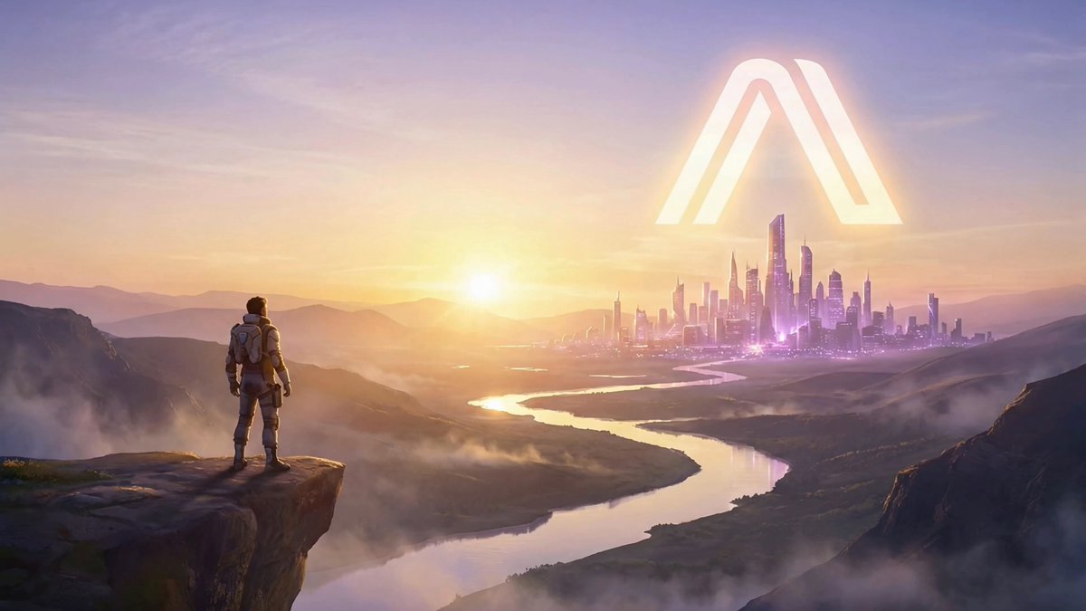The image features a man standing at the edge of a cliff, overlooking a city with a river flowing through it. There are several signs scattered throughout the scene, including one that reads "SIGNS ARE EVERYWHERE $ARX". The presence of these signs suggests that they might be related to a specific event or theme in the image.