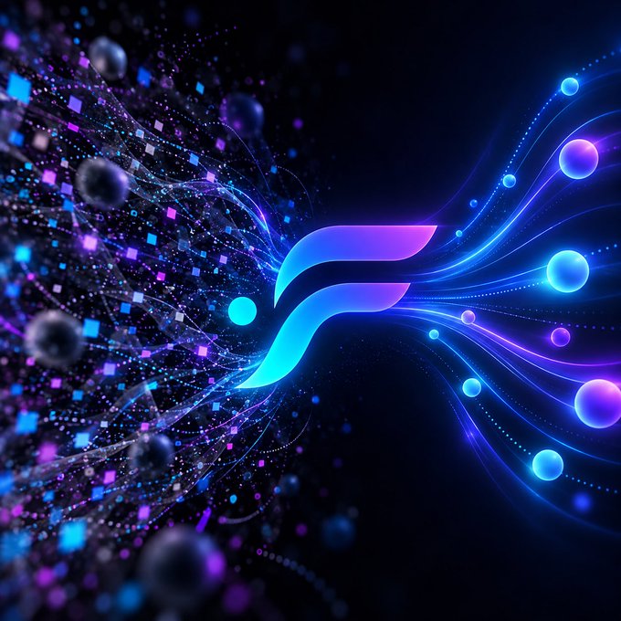 Abstract digital art with a glowing blue and purple stylized 'F' logo at the center, surrounded by particle effects, light orbs, and swirling energy streams.