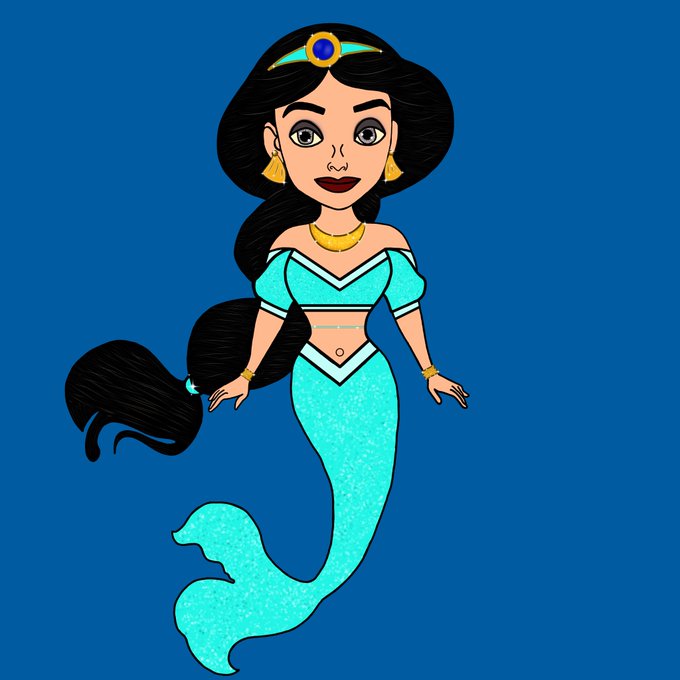A cartoon illustration of Princess Jasmine from Aladdin in a turquoise outfit with a mermaid-style tail against a solid blue background.