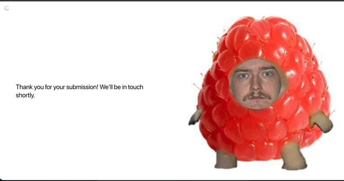The image features a red raspberry costume with a face, likely created by someone who wanted to share a fun and lighthearted moment or promote an event related to raspberries. The caption of the image reads "Thank you for your submission! We'll be touchy in shortly." This suggests that the person who created the costume is acknowledging the effort put into making it and wants to express gratitude towards the creator.