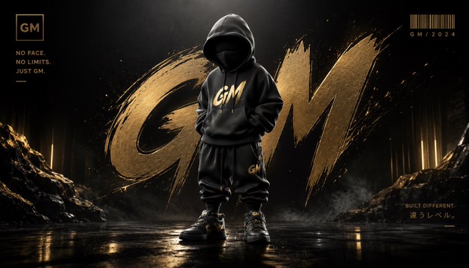 A dark promotional poster for a brand called 'GM', featuring a hooded figure in black streetwear standing before a large golden 'GM' brushstroke graphic, with text reading 'NO FACE. NO LIMITS. JUST GM.' and 'BUILT DIFFERENT.'