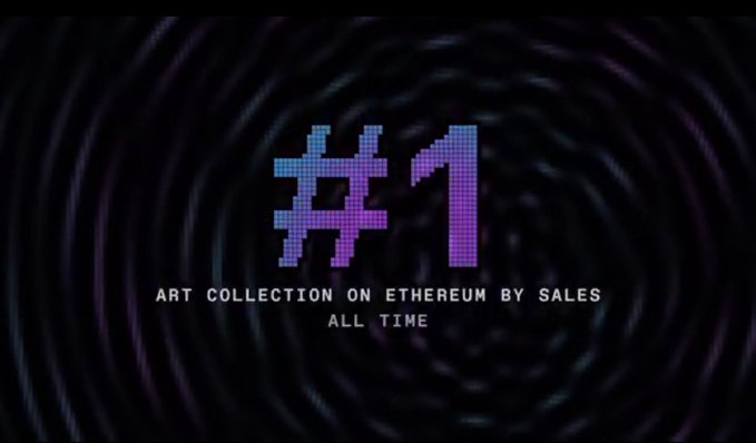 A pixelated "#1" graphic in purple and pink gradient is displayed against a dark swirling background, with text below reading "ART COLLECTION ON ETHEREUM BY SALES ALL TIME," highlighting QFTs' top ranking on OpenSea's Ethereum art collection sales charts.