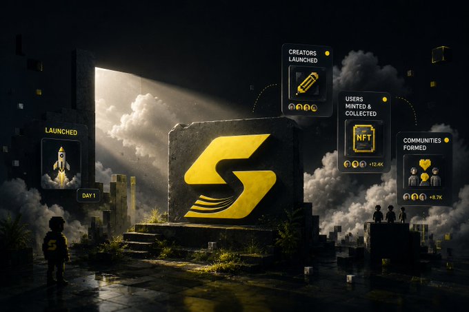 A dark, atmospheric digital illustration showing a large golden 'S' logo on a stone monument, surrounded by floating achievement cards including 'CREATORS LAUNCHED', 'LAUNCHED', 'USERS MINTED & COLLECTED', and 'COMMUNITIES FORMED'.