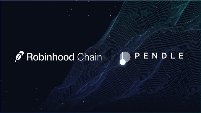 The image shows a partnership announcement featuring "Robinhood Chain" and "PENDLE" logos side by side against a dark blue, wave-patterned background, visually representing the integration highlighted in the post about Pendle launching on Robinhood Chain to enable fixed yield, leveraged yield exposure, and liquidity provision for users.