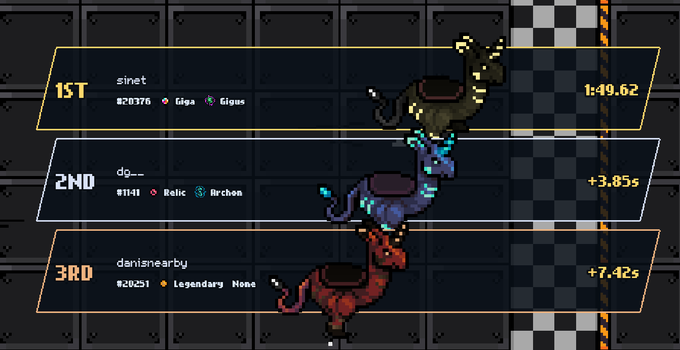 The image features a cartoon video game character racing along the edge of a platform or track filled with various obstacles such as ramps, hills, tunnels, and a wall. In total, there are six different instances of this race character displayed throughout the scene, each representing a different position in the race course. The player who finishes first will be crowned the winner of the competition.

Additionally, the image includes text that provides some background information about the game or post-game activities. For instance, it is described as a "first win in Gigling Racing" and suggests that players can join the game to try out this racing game at home. The post also mentions transactions, which imply that players might be able to acquire valuable items or rewards for their achievements in the game.