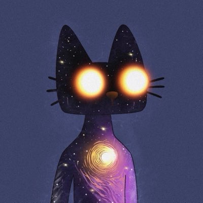 A digital illustration of a black cat with glowing yellow-orange eyes and a galaxy/cosmic pattern filling its body, set against a dark purple background.